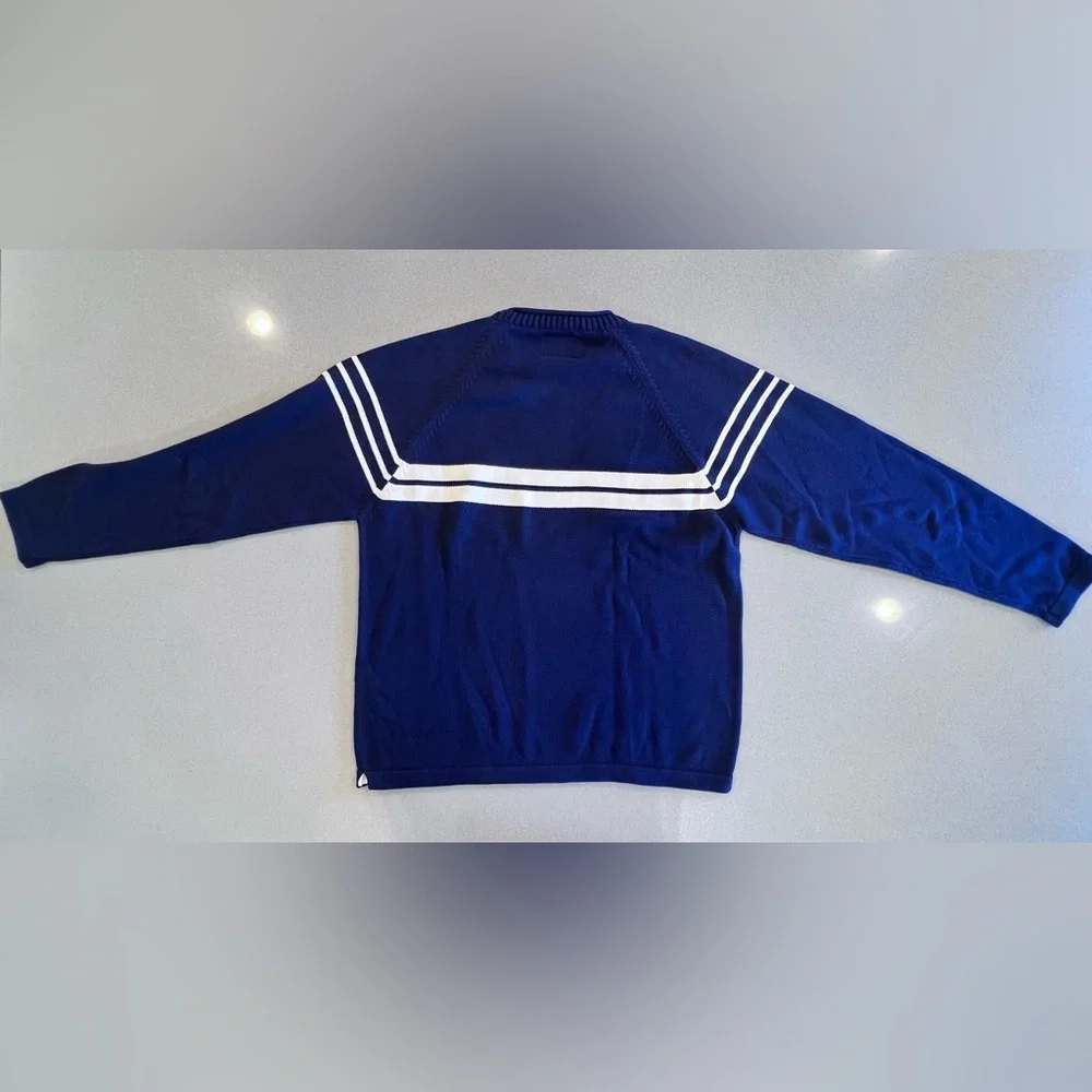 Vintage Tommy Hilfiger Men's Sweater in Navy with White Stripes Cotton Sz Large